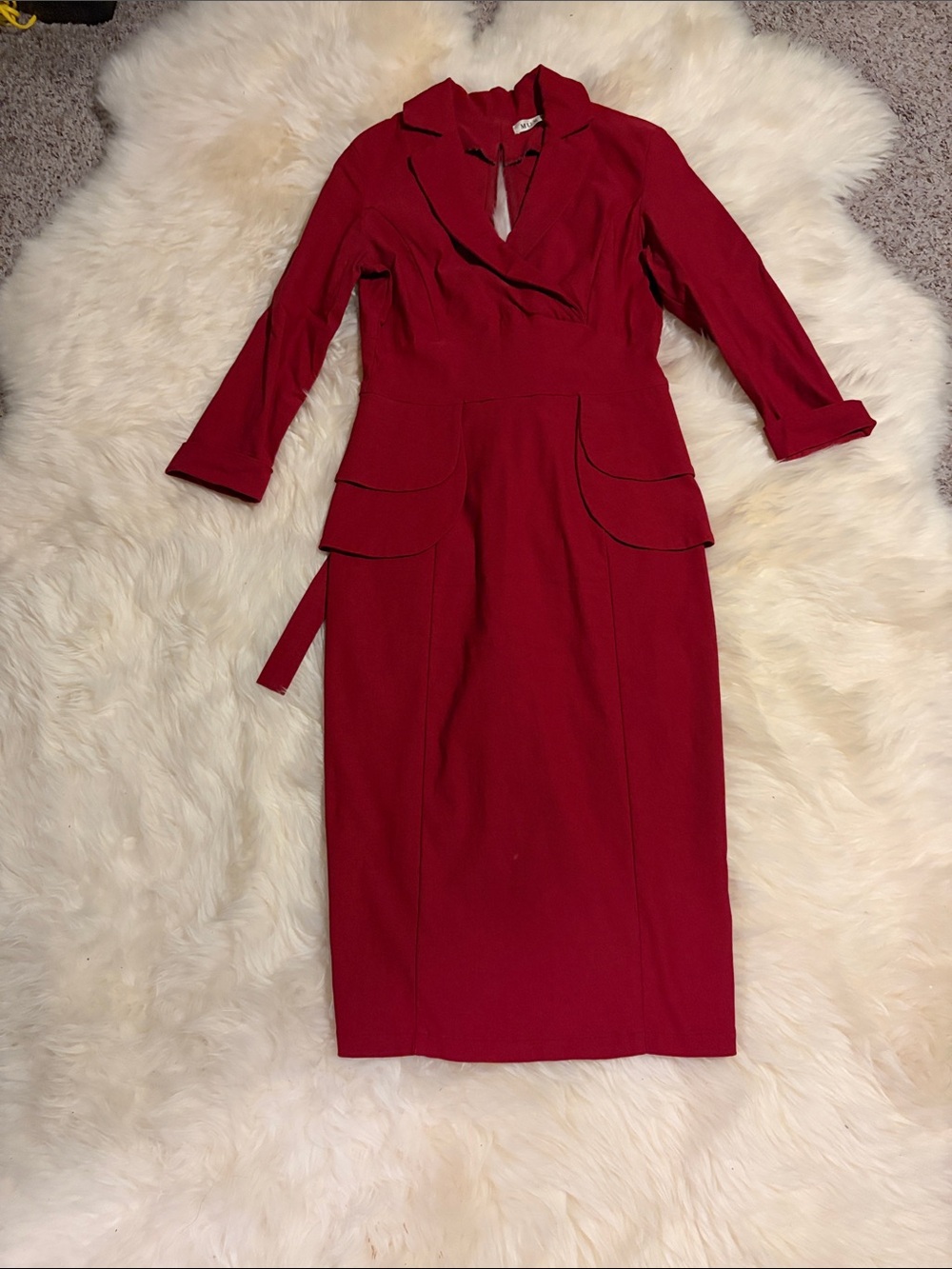 Women’s Red Long-Sleeve Midi Dress with Peplum Pocket Detail